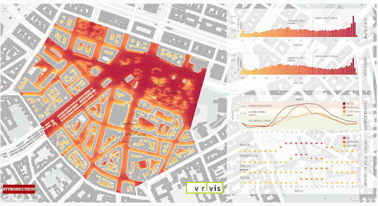 A dashboard that visualizes urban heat data. Several red regions show particularly hot heat islands in a city.