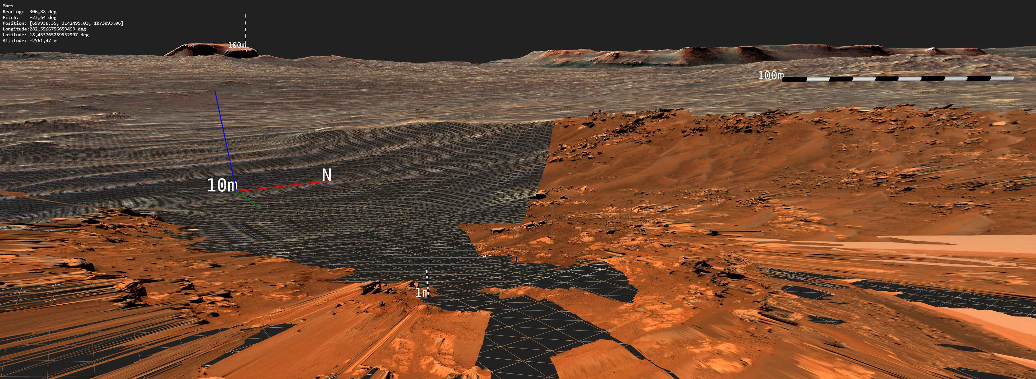 3D-Rekonstruktion der Marsüberfläche mit verschiedenen Maßstabs- und Linienzeichnungen