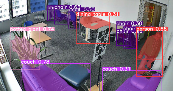 Ein Büroraum mit Tischen, Sofa und einer Person, die jeweils von violetten oder roten eckigen Rahmen eingefasst sind