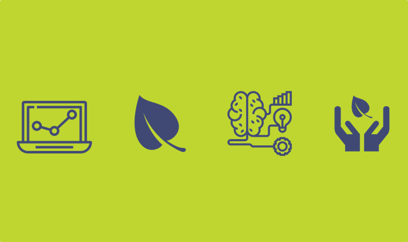 Vier graue Grafiken nebeneinander vor grünem Hintergrund, ein Laptop, ein Blatt, ein menschliches Gehirn verbunden mit kleineren Grafiken sowie zwei Hände mit einem Blatt dazwischen