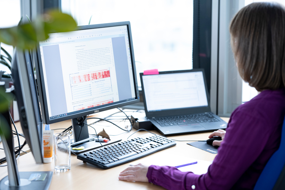 Eine Forscherin blickt auf einen Computerbildschirm, wo ein wissenschaftliches Paper zum Stadtklima zu sehen ist.