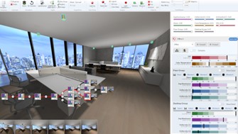 Bildschirmfoto eines Programms, mit dem man simulieren kann, wie verschiedene Beleuchtungen in einem Raum aussehen. 
