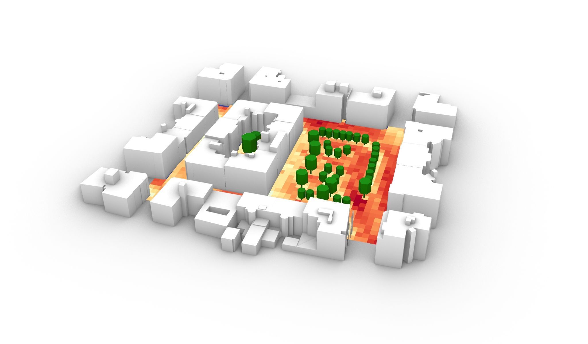 Visualisierung eines vereinfachten urbanen Bereichs, in welchem in gelben, orangen und roten Farben Hitzeinseln dargestellt sind.