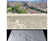 Three shots on top of each other, the top one shows the real view of the city from the Graz Museum Schlossberg, the next two shots show the steps in the creation of a tactile relief.